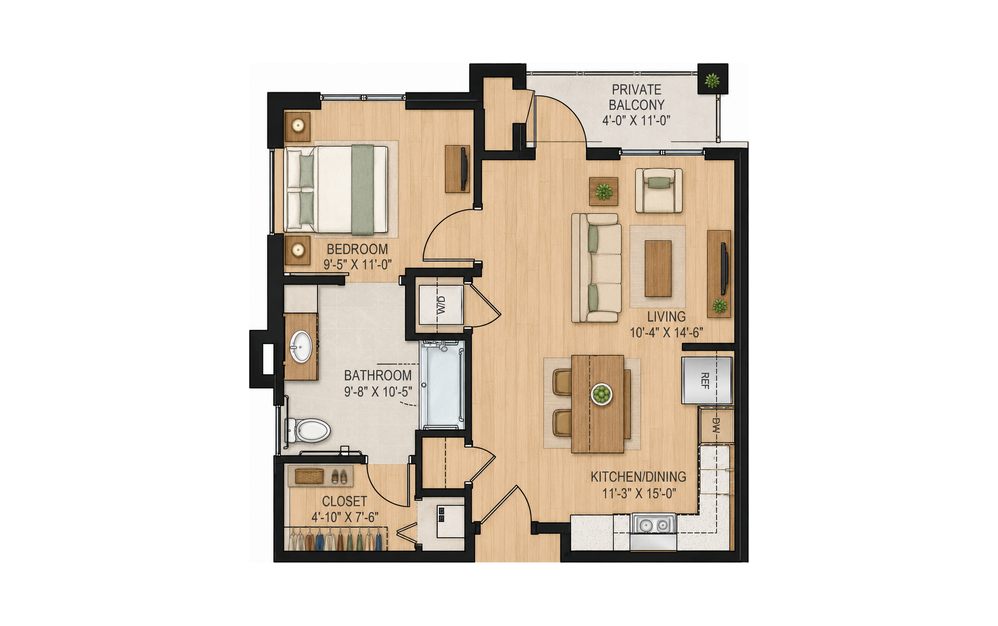 A1 Red Poppy 1 bedroom, 1 bathroom apartment floor plan, 673 sq ft, at Sage at Georgetown in Georgetown, TX