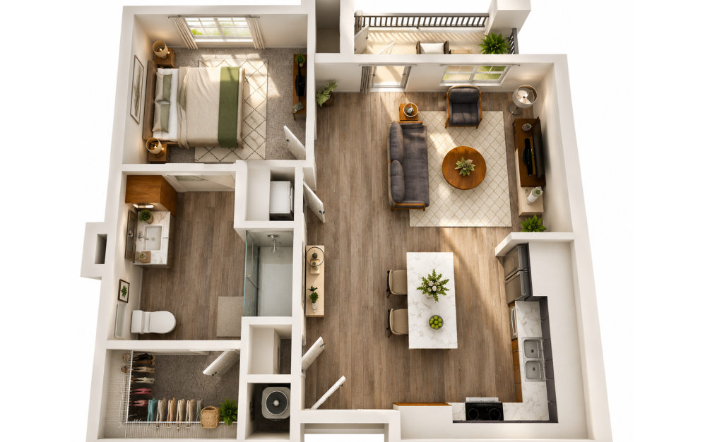 A1 Red Poppy 3D 1 bedroom apartment floor plan at Sage at Georgetown in Georgetown, TX