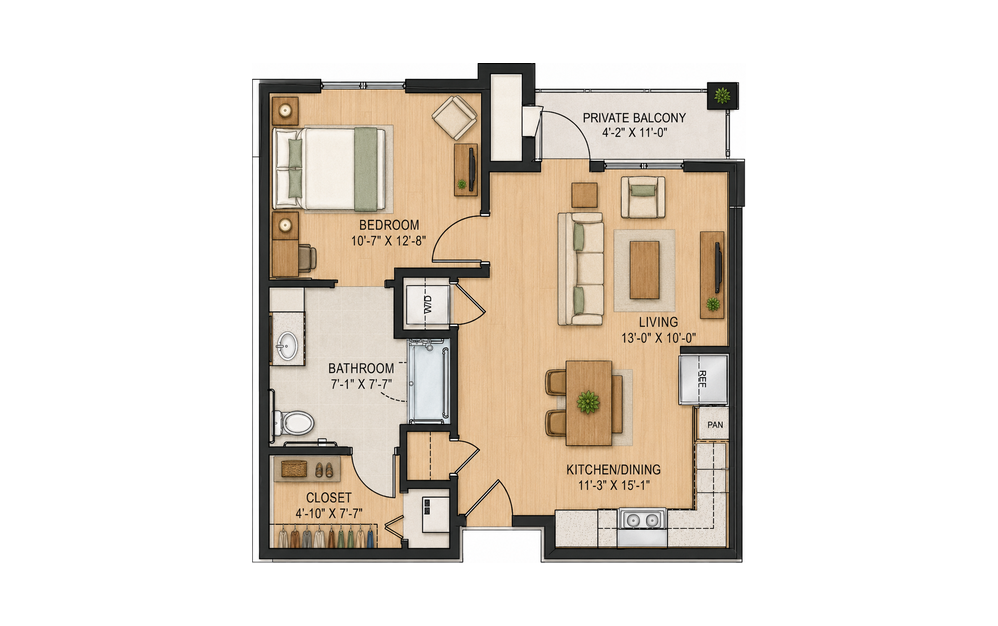 A2 Azalea 1 bedroom, 1 bathroom apartment floor plan, 699 sq ft, at Sage at Georgetown in Georgetown, TX