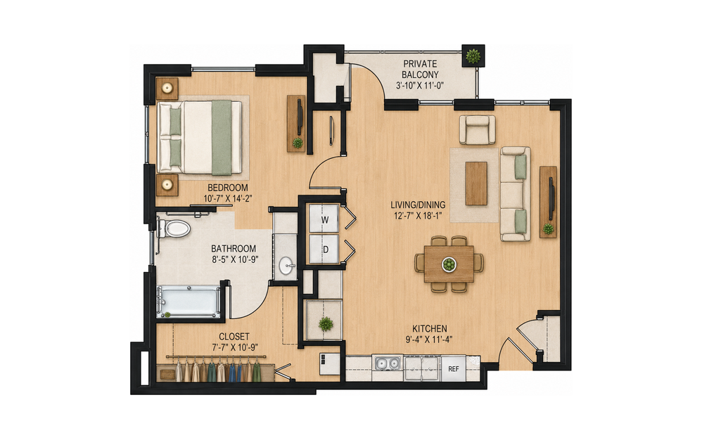 A3 Lantana 1 bedroom, 1 bathroom apartment floor plan, 826 sq ft, at Sage at Georgetown in Georgetown, TX