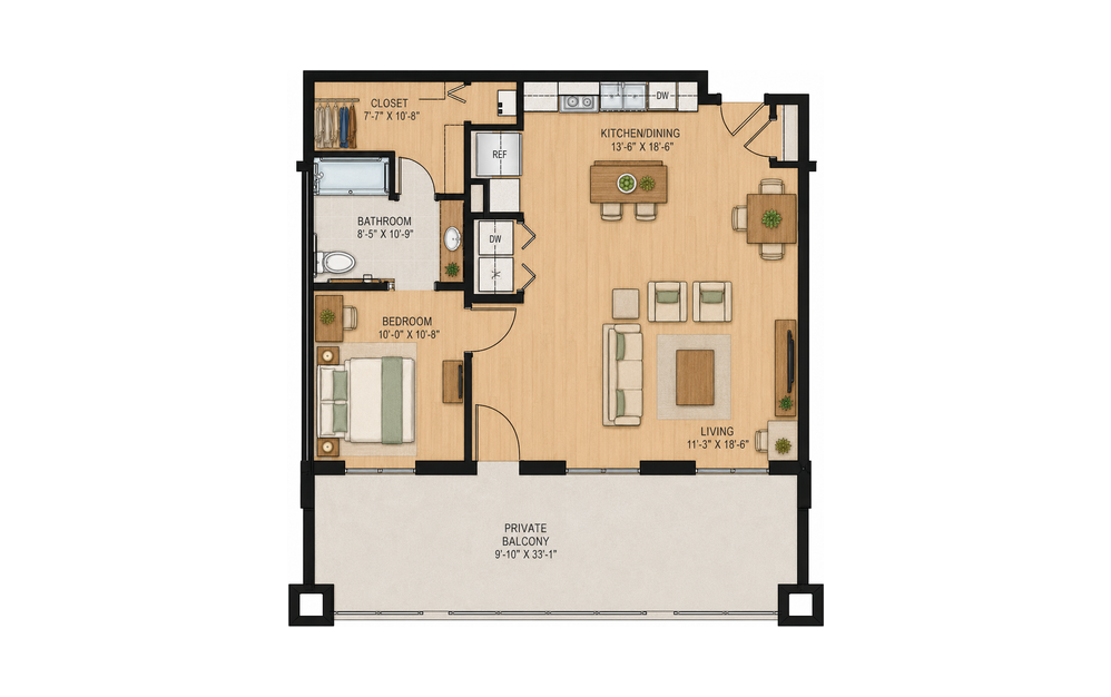 A4 Bluebonnet 1 bedroom, 1 bathroom apartment floor plan, 888 sq ft, at Sage at Georgetown in Georgetown, TX