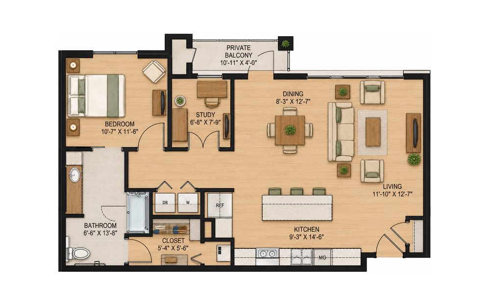 A5 Verbena 1 bedroom, 1 bathroom apartment floor plan, 1,006 sq ft, at Sage at Georgetown in Georgetown, TX