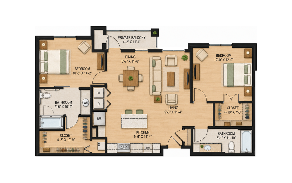 B1 Daisy 2 bedroom, 2 bathroom apartment floor plan, 1,137 sq ft, at Sage at Georgetown in Georgetown, TX