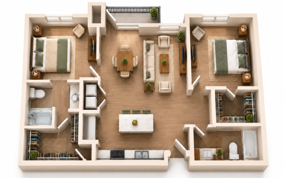 B1 Daisy 2 bedroom, 2 bathroom apartment floor plan, 1,137 sq ft, at Sage at Georgetown in Georgetown, TX