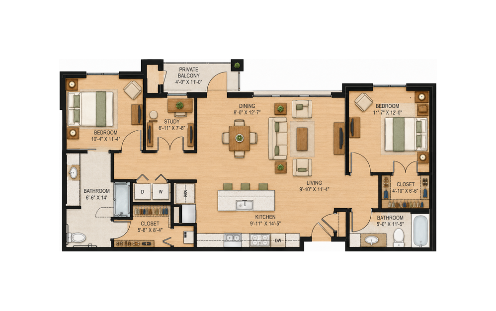 B2 Sunflower 2 bedroom, 2 bathroom apartment floor plan, 1,304 sq ft, at Sage at Georgetown in Georgetown, TX