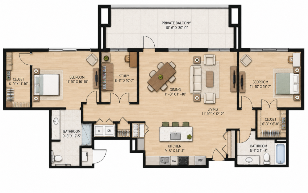 B3 Buttercup 2 bedroom, 2 bathroom apartment floor plan, 1,432 sq ft, at Sage at Georgetown in Georgetown, TX
