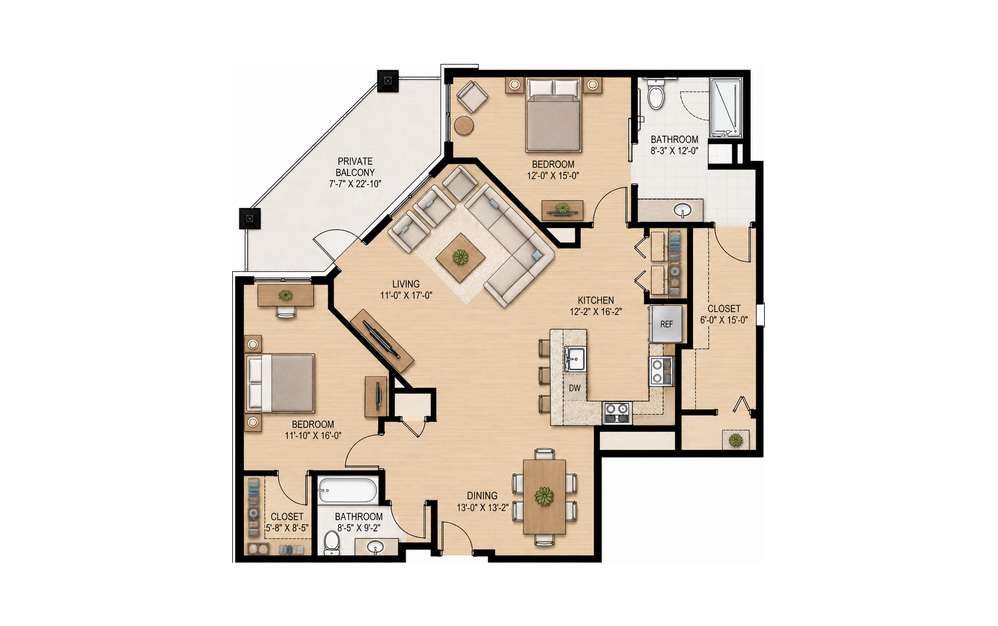 B4 Winecup 2 bedroom, 2 bathroom apartment floor plan, 1,448 sq ft, at Sage at Georgetown in Georgetown, TX