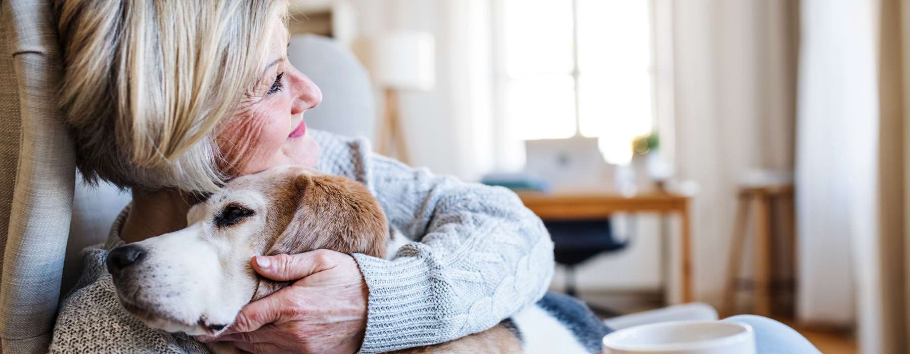 A resident hugging a dog at Northstar Georgetown 55+ senior living apartments in Georgetown, TX, featuring a desk.